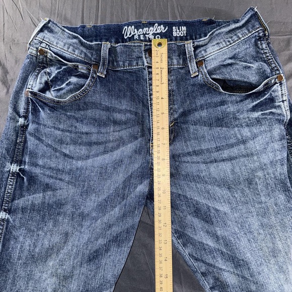 Wrangler Retro Jeans Mens 30x30 Blue Slim Boot Bootcut Stretch Denim Distressed - Picture 4 of 11
